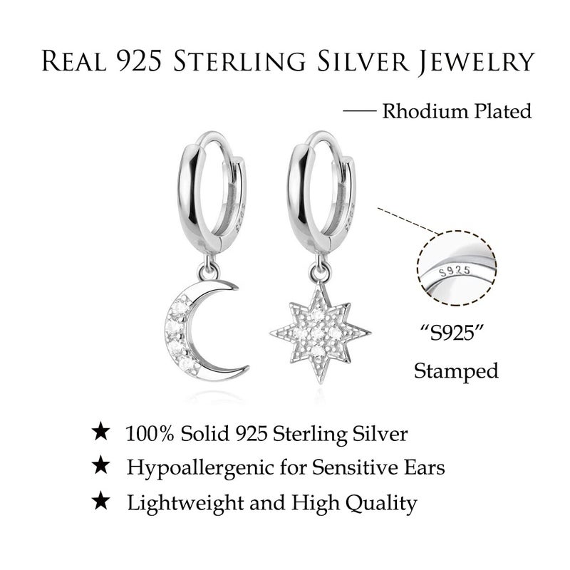 Reffeer Solid 925 Sterling Silver CZ Star Moon Drop Hoop Earrings for Women Teen Girls Crystal Moon Star Hoop Earrings Dangle (A-Silver) - Image 5